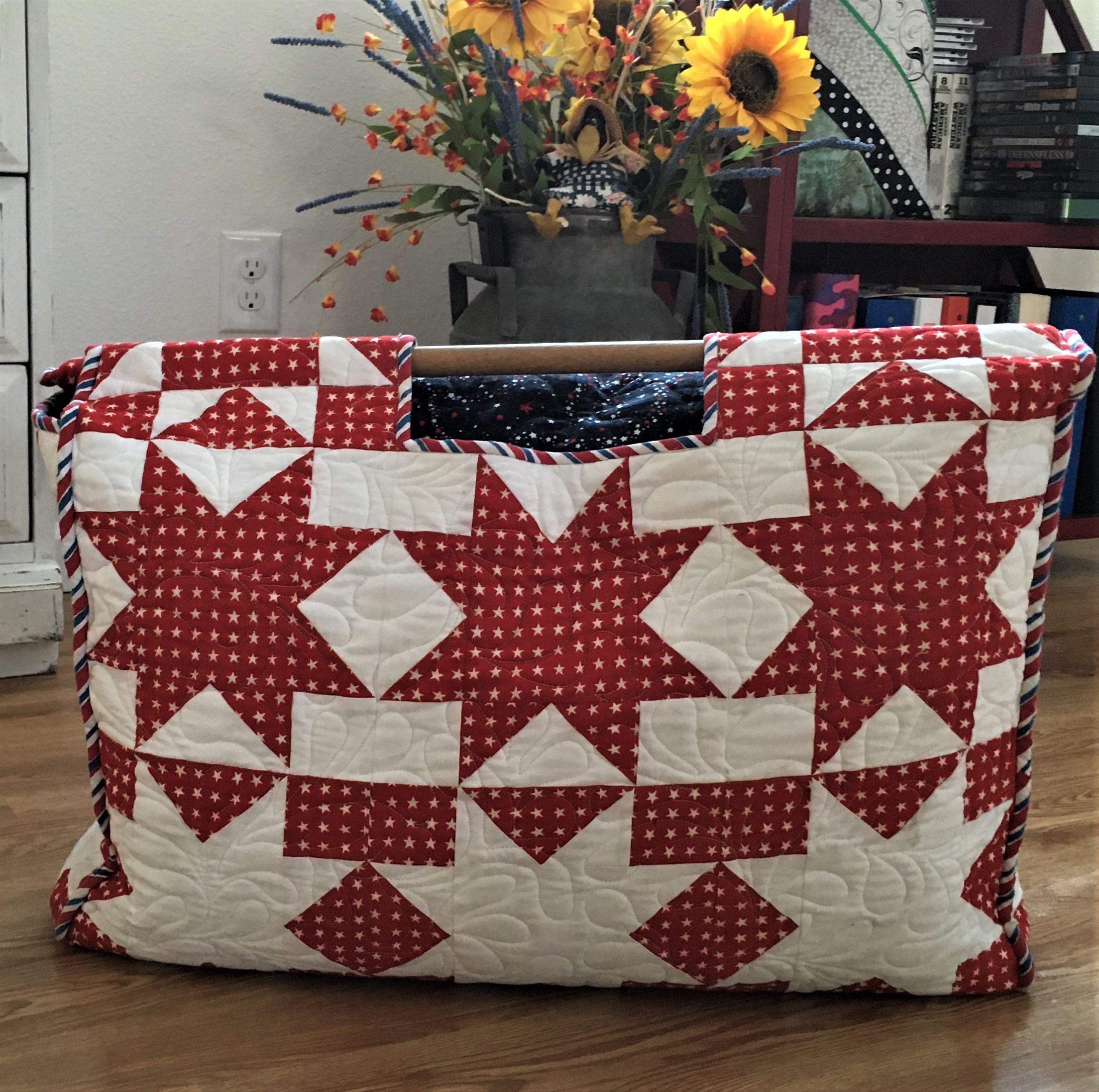 Red and white tote bag with wooden handles